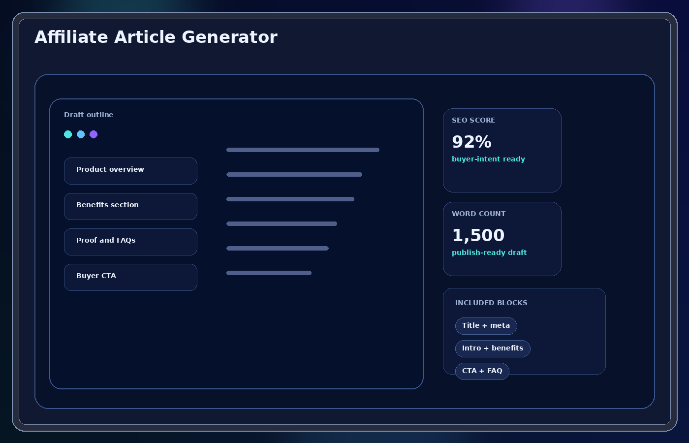 Affiliate article generator dashboard preview